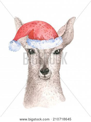 Merry Christmas watercolor card with little fawl. Baby deer Happy New Year lettering posters. Nurser