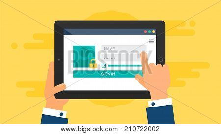 Web Template and Elements for site form of login to account on tablet. Vector