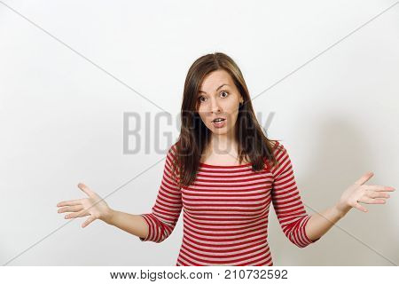 Pretty European Young Worried And Pensive Brown-haired Woman With Healthy Clean Skin, Dressed In Cas
