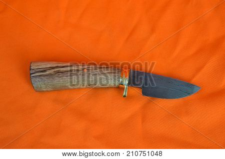Orange fabric makes a nice constrast for this photograph of a damascus skinner knife.