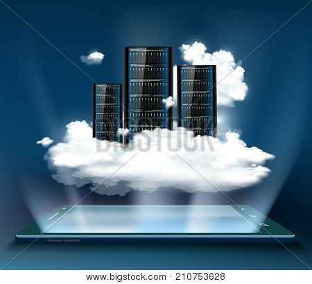 Cloud computing. Server for data storage. Technology background with a tablet or smartphone. Stock vector illustration.