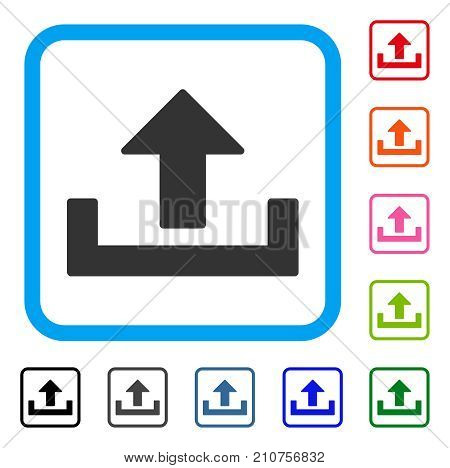 Upload icon. Flat grey iconic symbol inside a light blue rounded frame. Black, gray, green, blue, red, orange color additional versions of Upload vector. Designed for web and app UI.