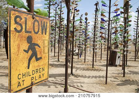Oro Grande California USA - September 03 2017: Bottle Tree Ranch located on historic Highway Route 66.