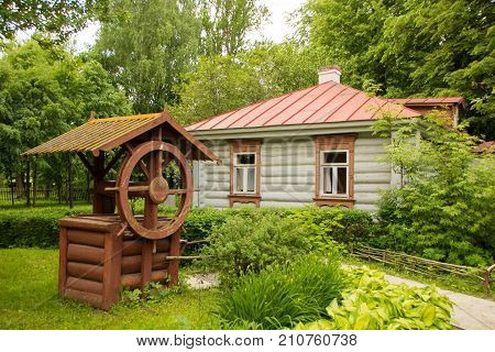 MELIKHOVO, MOSCOW REGION, RUSSIA - JUNE 11, 2017: Old draw well on the estate of Chekhov. Chekhov Museum, the estate Melikhovo.