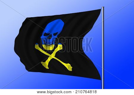 Waving Ukrainian flag combined with the black pirate image of Jolly Roger with crossbones