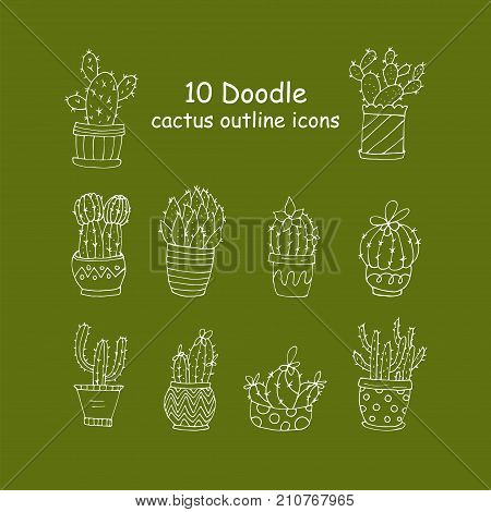 Set of 10 handdrawn doodle icons of cactus vases. Cactus succulents vector illustrations.