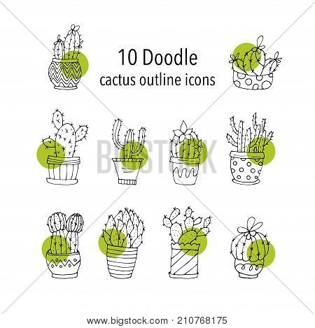 Set of 10 handdrawn doodle icons of cactus vases. Cactus succulents vector illustrations.