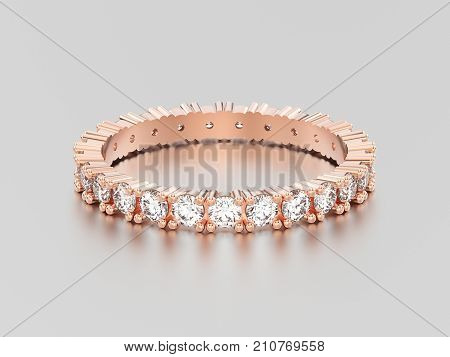 3D illustration rose gold eternity band diamond ring with reflection and shadow on a grey background