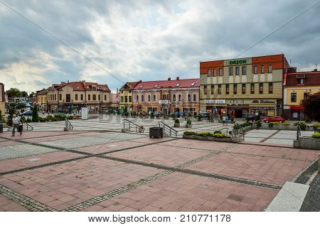 TRZEBINIA POLAND - AUGUST 19 2017: Colorful buildings on the market in Trzebinia Poland.