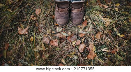 Pair of hiking boots on fallen autumn leaves in the forest outdoor travel concept top view.
