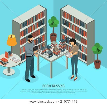 Isometric bookcrossing composition with public library interior and two human characters sharing and reading different books vector illustration