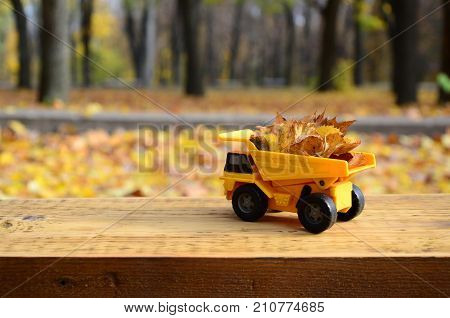 A Small Toy Yellow Truck Is Loaded With Yellow Fallen Leaves. The Car Stands On A Wooden Surface Aga