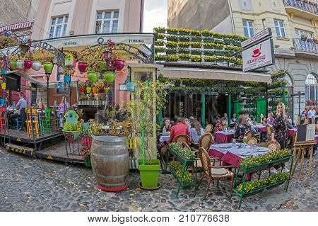 BELGRADE SERBIA - OCTOBER 21 2017: Restaurants on the old street Skadarlija the main bohemian place of Belgrade.