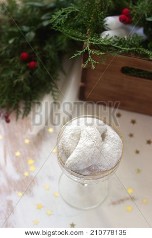 Christmas Cookies Vanilla Crescents In Festive Decoration.