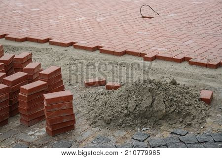 Sidewald or pavement costruction with the red bricks