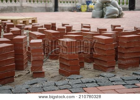 Sidewald or pavement costruction with the red bricks