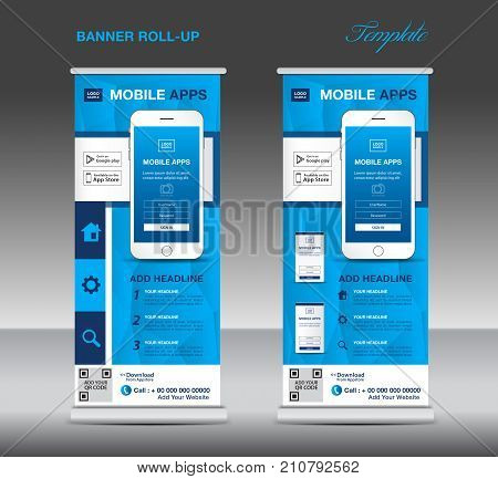 MOBILE APPS Roll up banner template, stand layout, blue banner, application presentation, infographics, advertisement, flyer, x-banner, j-flag, poster, advertisement, print media advertising