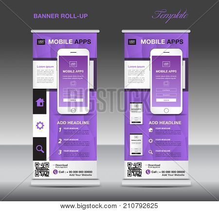 MOBILE APPS Roll up banner template, stand layout, Purple banner, application presentation, infographics, advertisement, flyer, x-banner, j-flag, poster, advertisement, print media advertising