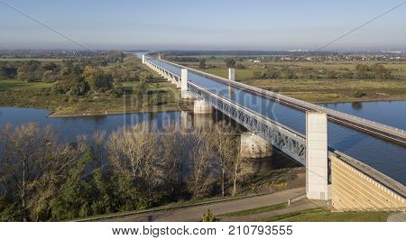 Aerial view of Magdeburg Water Bridge, largest navigable aqueduct in Europe