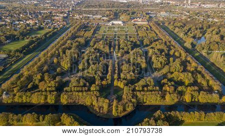 Aerial view of Herrenhausen Gardens in Hannover, Lower Saxony, Germany