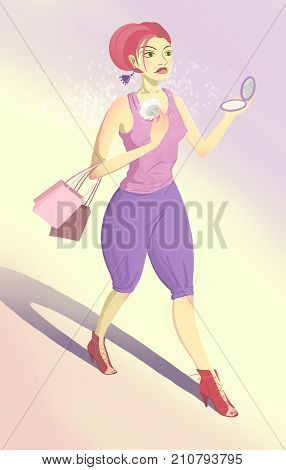 Glamour girl going shopping and powdering