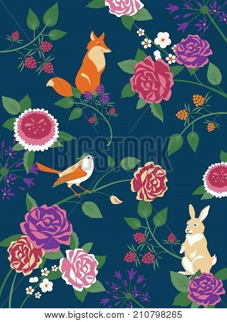 Decorative background with forest animals, birds, berries and flowers