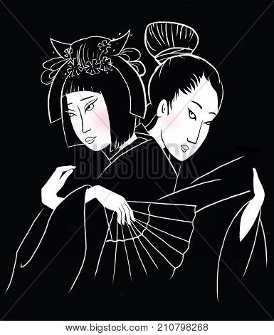 Japanese lovers embracing, characters of legend Tanabata