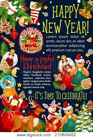 Happy New Year or Christmas season greetings and wish card design of snowman and Santa reindeer with Christmas tree garland decorations. Vector Xmas gifts bag, golden bells or gingerbread cookie