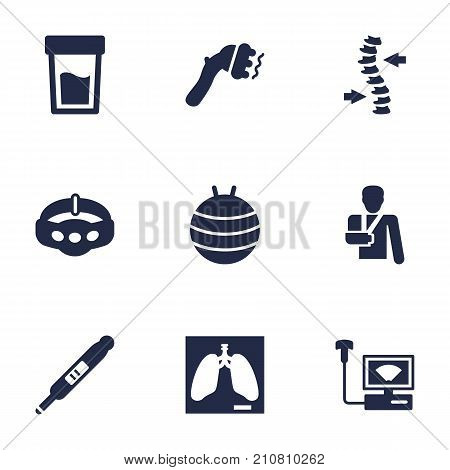 Collection Of Urine Tester, Lung, Pregnancy And Other Elements.  Set Of 9 Medical Icons Set.