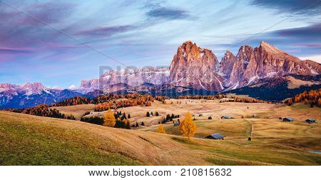 Scenic image of bright hills. Location Dolomiti alps, Compaccio, Seiser Alm or Alpe di Siusi, Bolzano province, South Tyrol, Italy, Europe, Great picture of wild area. Explore the beauty of earth.