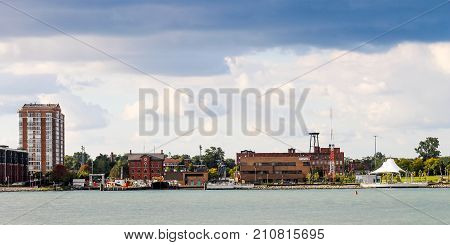 Detroit MI USA - 2 October 2016: Architecture lining the East Riverfront along the Detroit River in Detroit.