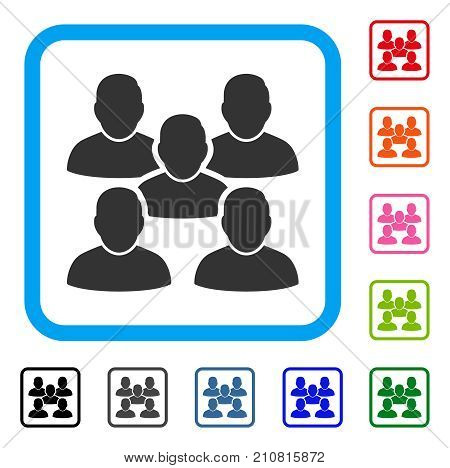 Friends Crowd icon. Flat gray pictogram symbol inside a light blue rounded frame. Black, gray, green, blue, red, orange color versions of Friends Crowd vector. Designed for web and app user interface.