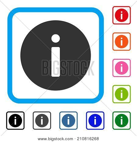 Info icon. Flat gray iconic symbol inside a light blue rounded rectangle. Black, gray, green, blue, red, orange color additional versions of Info vector. Designed for web and app user interface.