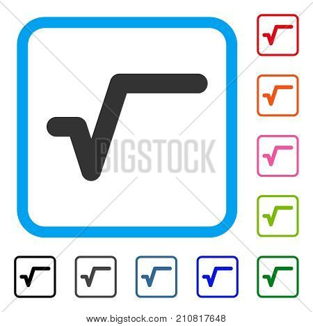 Sqrt icon. Flat grey pictogram symbol inside a light blue rounded rectangle. Black, gray, green, blue, red, orange color variants of Sqrt vector. Designed for web and application UI.
