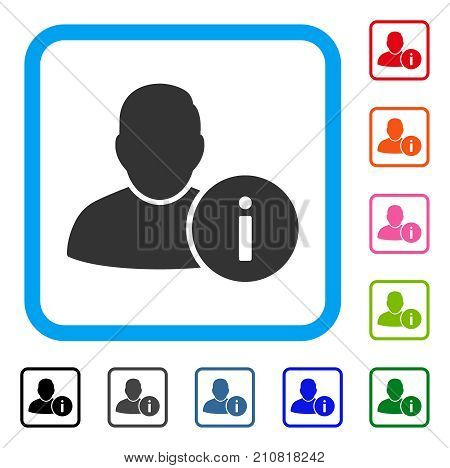 User Info icon. Flat grey iconic symbol inside a light blue rounded square. Black, gray, green, blue, red, orange color additional versions of User Info vector. Designed for web and app interfaces.