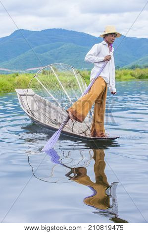 INLE LAKE MYANMAR - SEP 07 : Burmese fisherman at Inle lake Myanmar on September 07 2017 inle Lake is a freshwater lake located in Shan state
