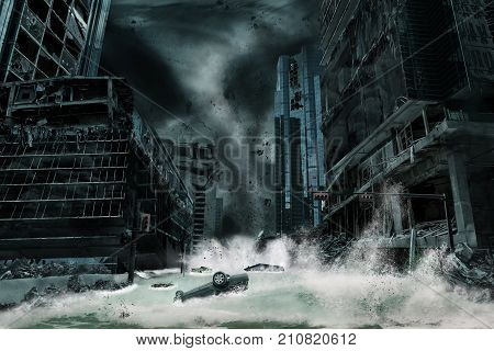 3D rendering of a city destroyed by a typhoon or hurricane landfall and bringing with it a storm surge. Elements in this cityscape were carefully created modified and manipulated to resemble a fictitious disaster scene.