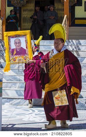 LEH INDIA - SEPTEMBER 20 2017: Buddhist Tibeti monks Participates in the Ladakh Festival in Leh India on September 20 2017