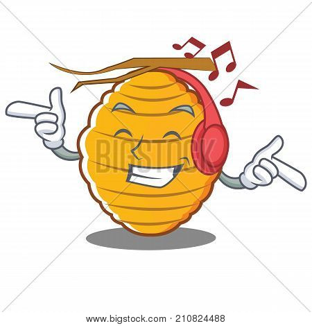 Listening music bee hive character cartoon vector illustration