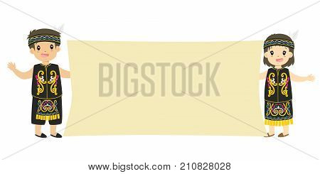 Dayak girl and boy wearing traditional dress and holding an empty banner cartoon vector