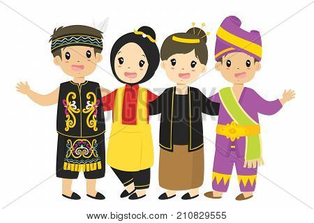 indonesian children wearing traditional dress cartoon vector