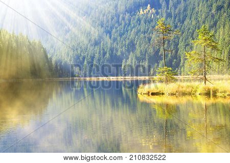 Moraine lake Kleiner Arbersee in National park Bavarian forest. Autumn landscape in Germany.