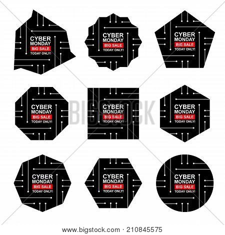 Cyber monday sale labels set. Collection of nine bright stickers of geometric shapes for your design. Vector stock illustration