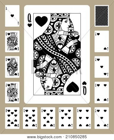 Playing cards of Hearts suit in black and white. Original design