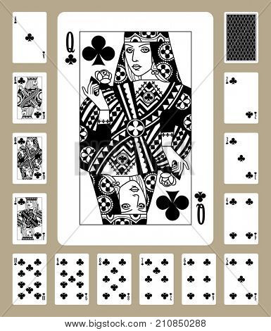 Playing cards of Clubs suit in black and white. Original design