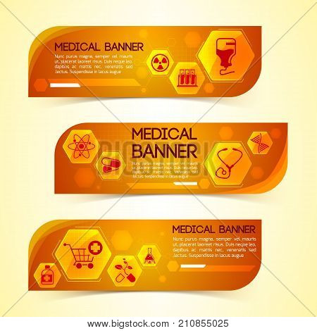 Medical orange horizontal banners set with treatment symbols flat isolated vector illustration