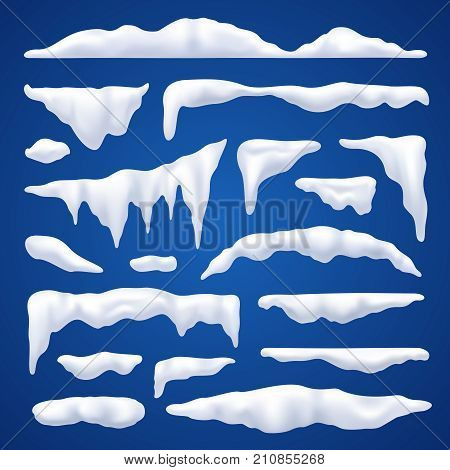 Snow capes and piles winter realistic set on blue background isolated vector illustration