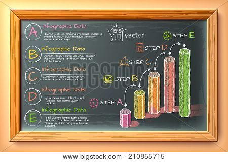 Digital sketch infographics with hexagonal columns five steps text icons on chalkboard in wooden frame vector illustration