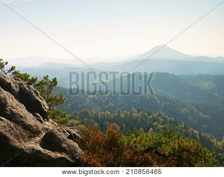 Hilly horizon deep forest gulch full of gentle fog and Sun is hidden in heavy mist. Sharp cliffs