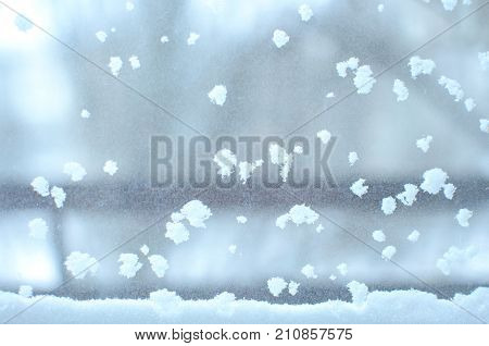 Snowbound Window Close-up, Indoor. Seasonal Winter Weather Conditions. Snowy Winter Background